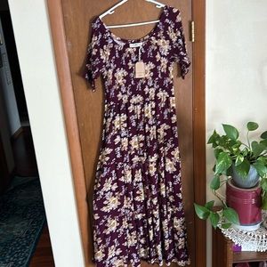 L/XL Natural Life Dress- burgundy background with / brown/ white floral print.